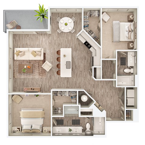 Floor plan for 2 beds, 2 baths, 1287 sqft